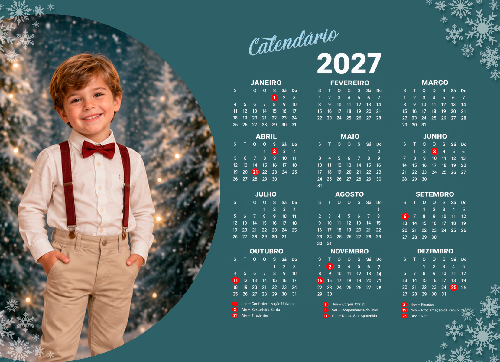Modelo de calendário 2027 do Pack Calendários Natal e Escolares 2027