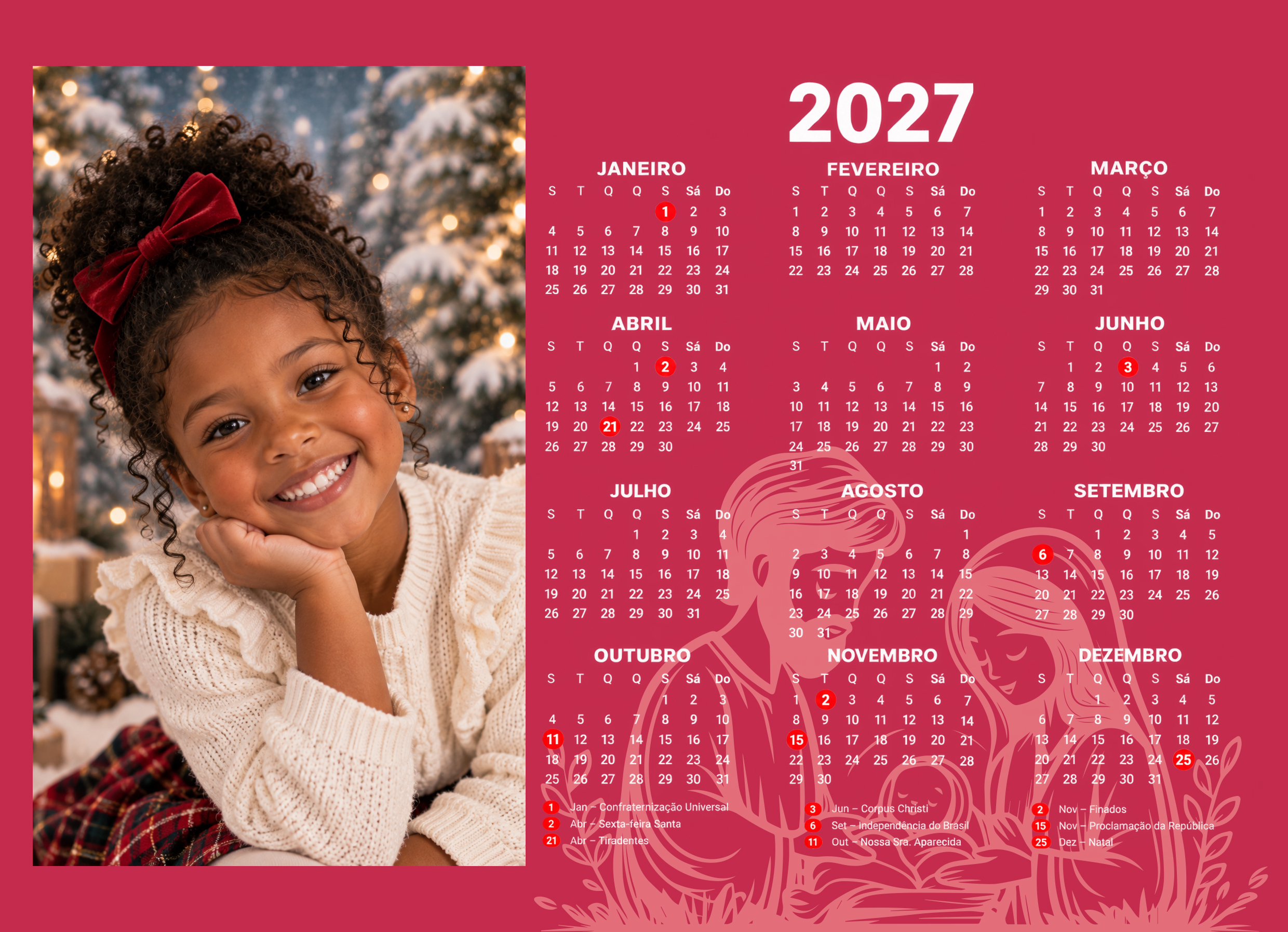 Modelo de calendário 2027 do Pack Calendários Natal e Escolares 2027