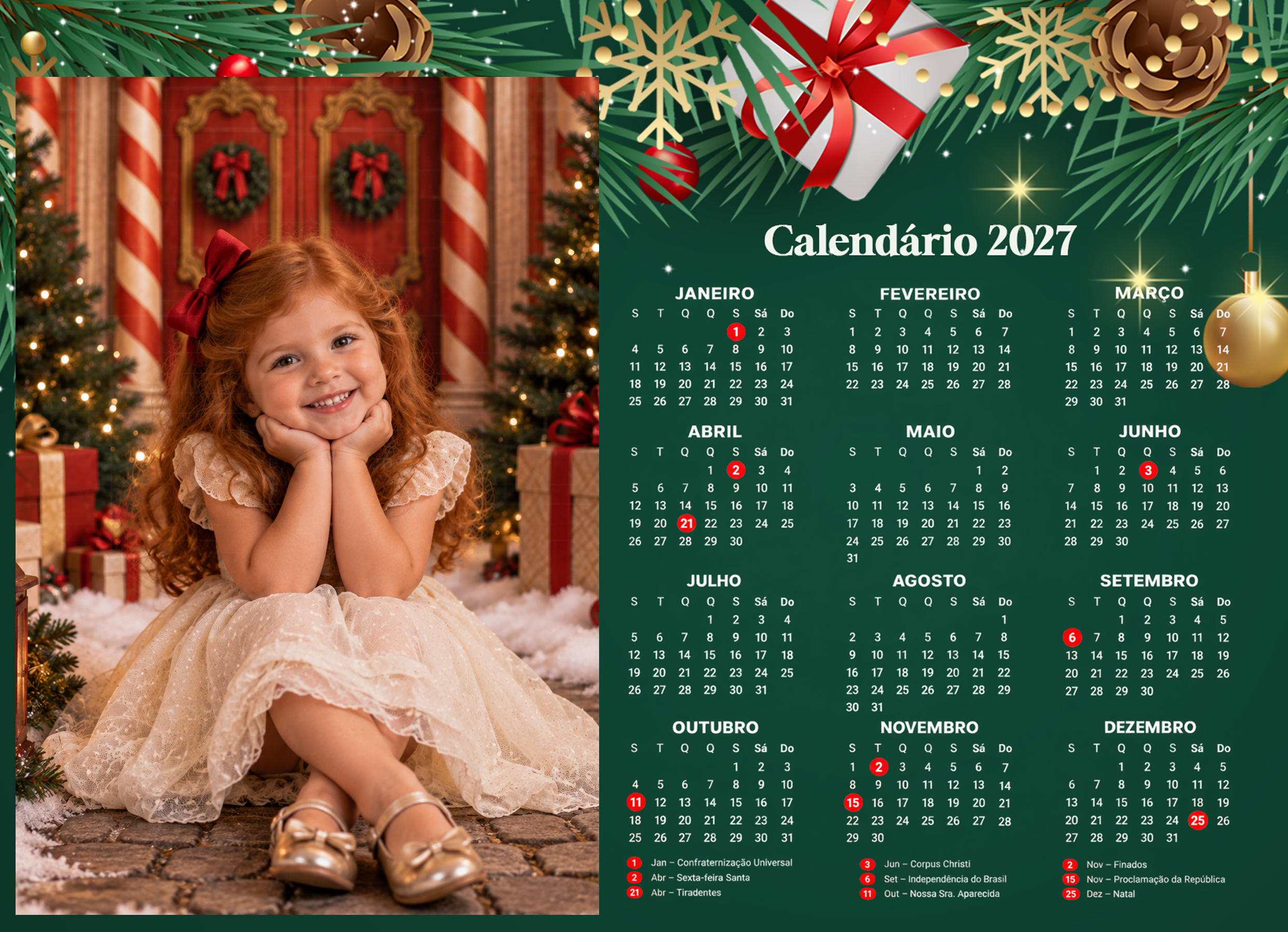 Modelo de calendário 2027 do Pack Calendários Natal e Escolares 2027
